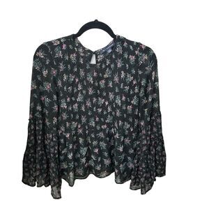 American Eagle Outfitters Womens Sz S Black Floral Long Sleeve Blouse